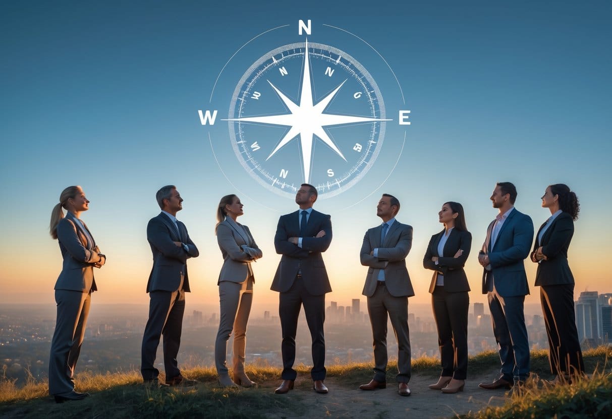 A diverse group of business professionals standing on a hilltop looking towards a glowing compass rose and a shining star in the sky above a city and natural landscape.