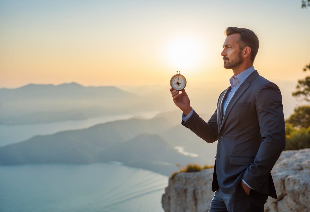 A business leader standing on a cliff at sunrise, holding a compass and looking out over a vast landscape with mountains and sea.