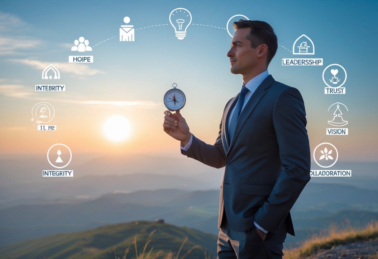 A business leader standing on a hilltop at sunrise holding a compass, overlooking a vast landscape.