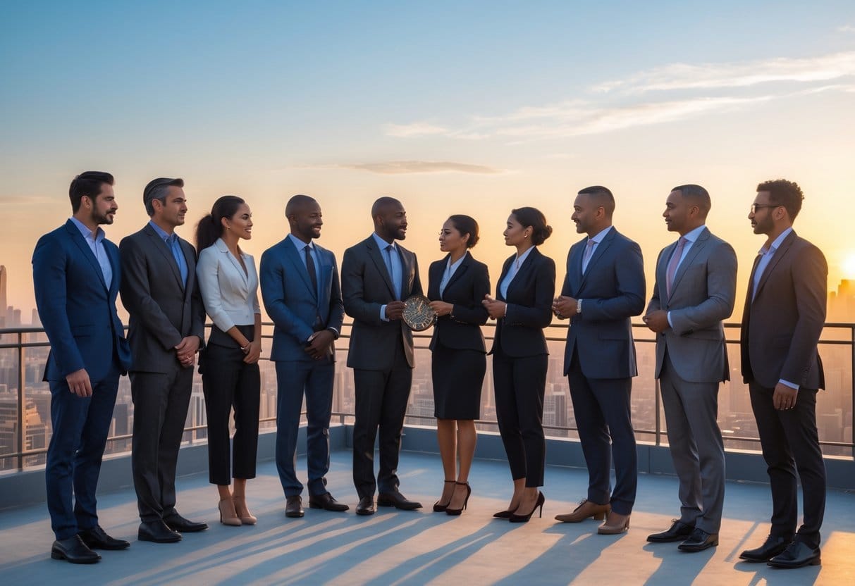 A diverse group of business leaders standing together on a rooftop overlooking a city at sunrise, one holding a compass.