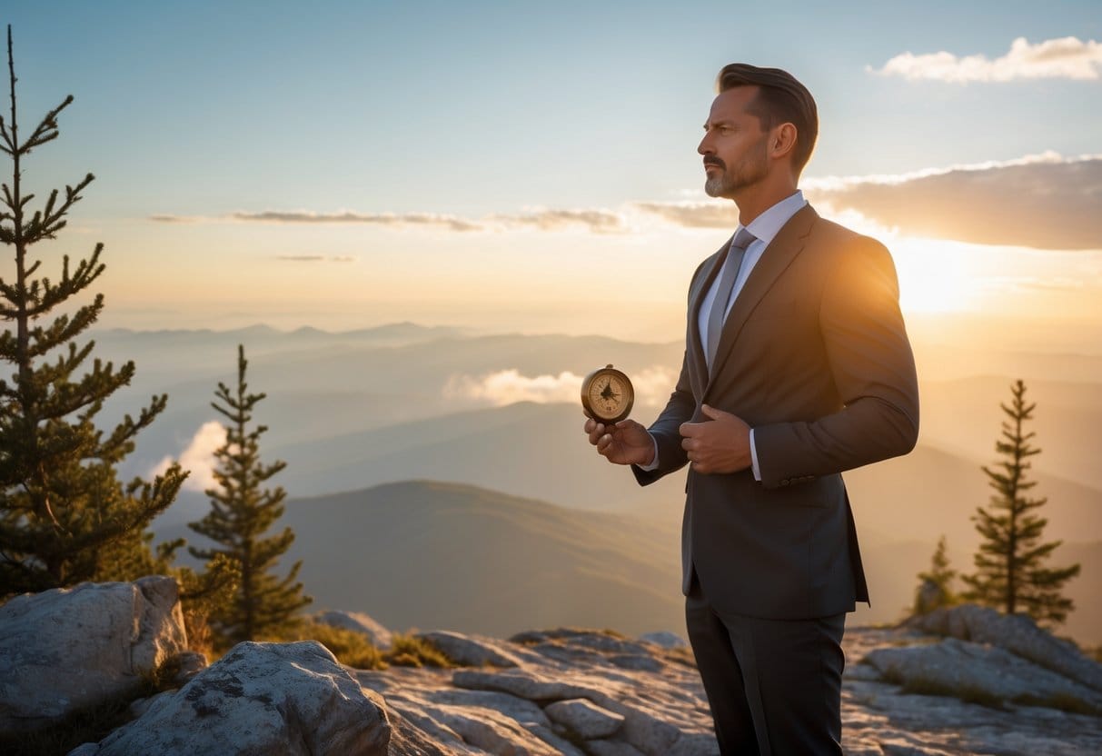 A business leader standing on a mountaintop at sunrise, holding a compass and looking thoughtfully over a vast landscape.