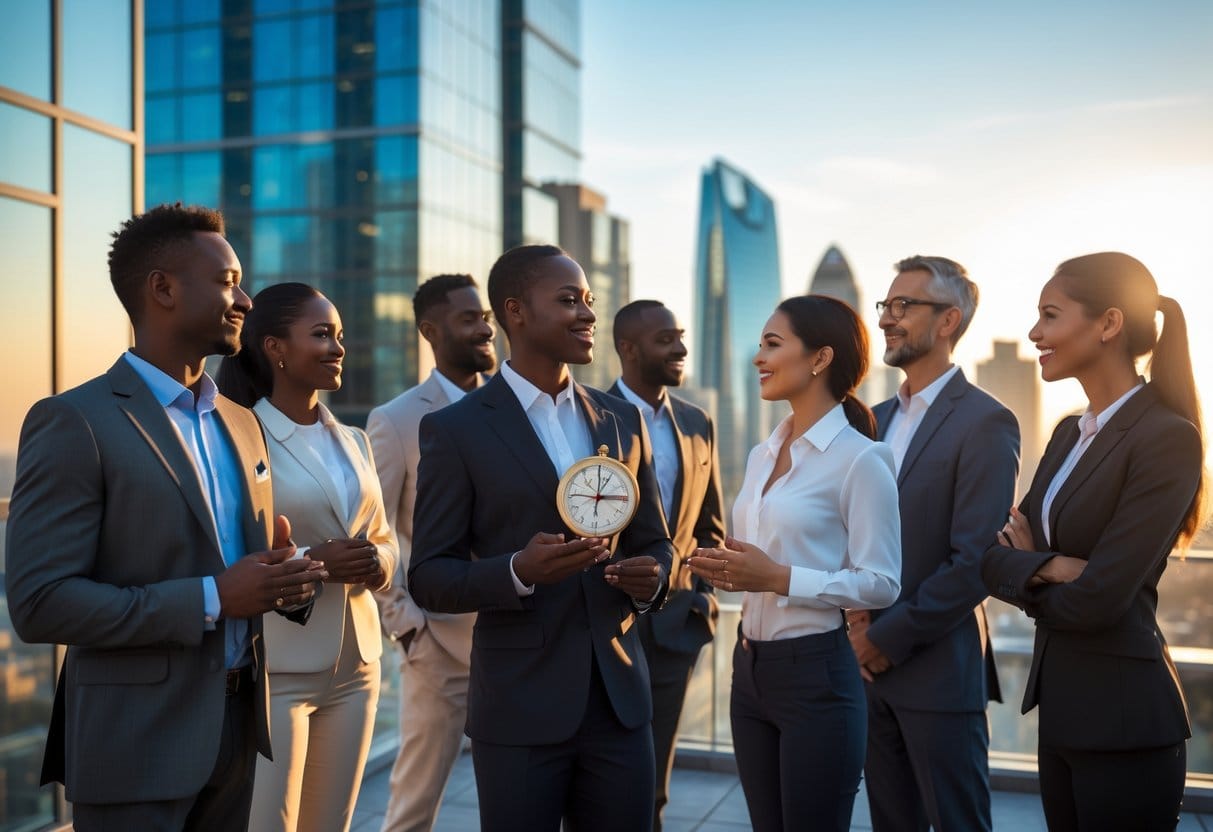 A diverse group of business leaders standing together on a rooftop overlooking a city, one holding a compass while others listen attentively.