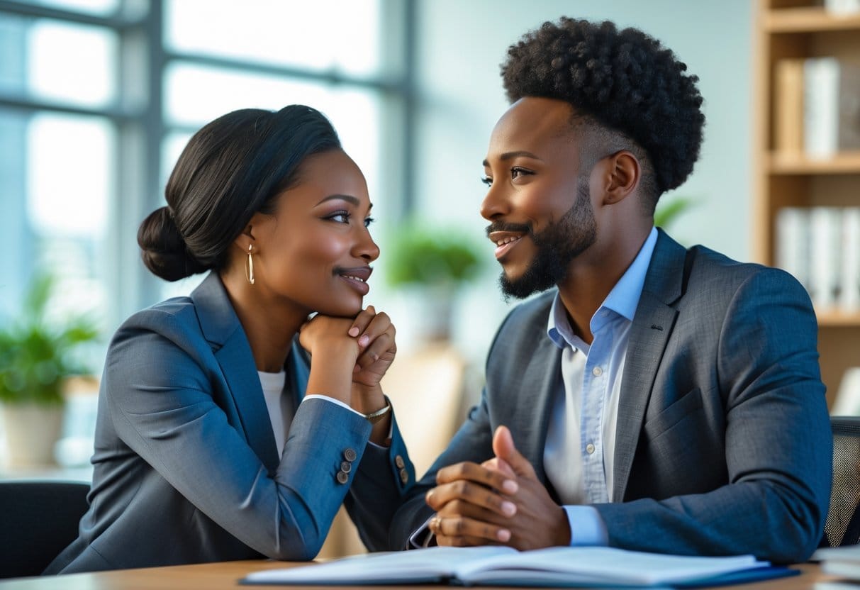 Two people in an office having a warm and attentive conversation, showing empathy and connection.