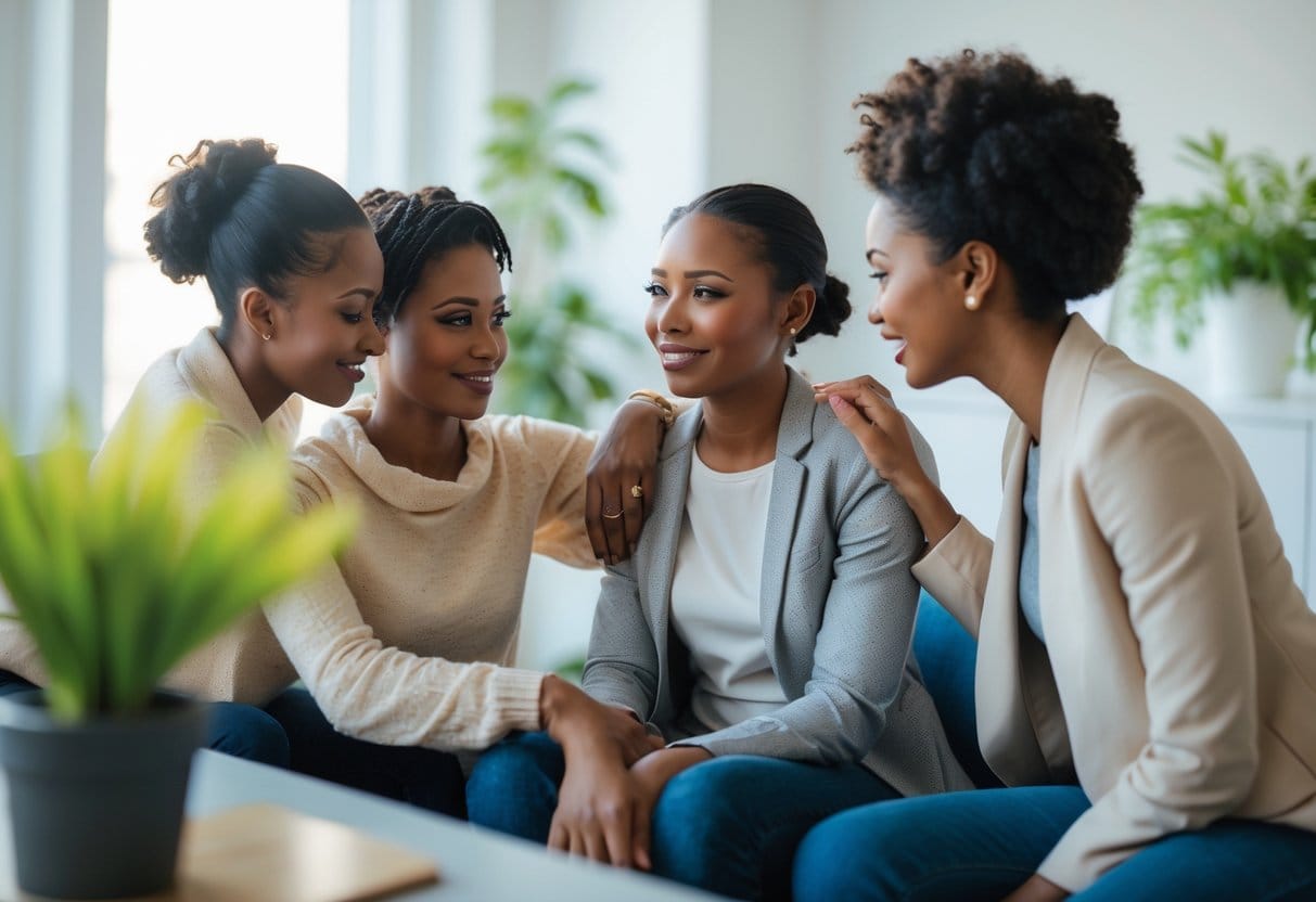 Two people in an office sharing a warm, supportive moment with one person gently touching the other's shoulder.
