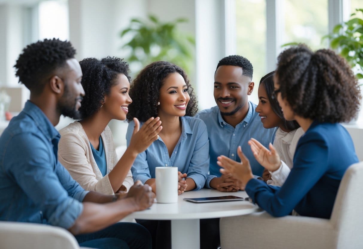 A diverse group of people having a warm and attentive conversation in a bright office, showing empathy and connection.