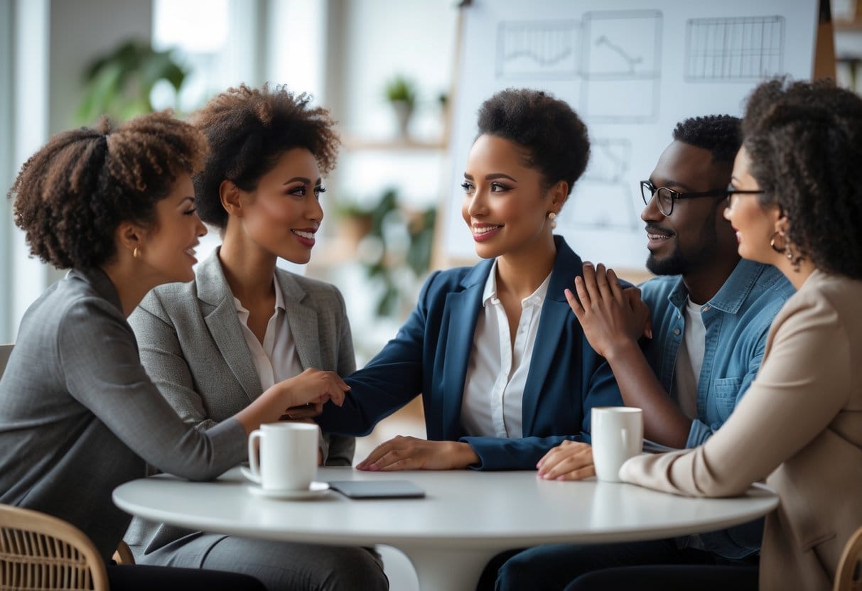 A diverse group of four people having a heartfelt conversation around a table in an office, showing empathy and support.