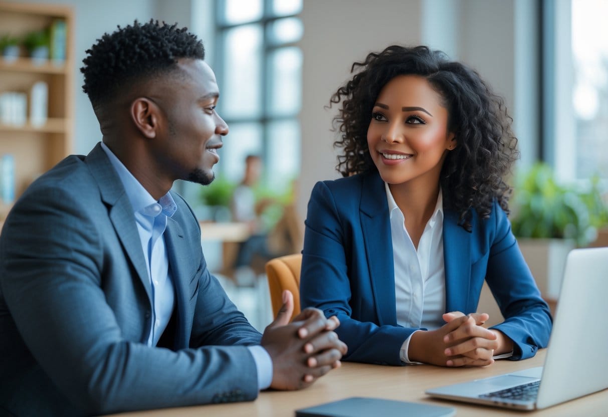 Two people in an office having a warm and attentive conversation, showing empathy and connection.