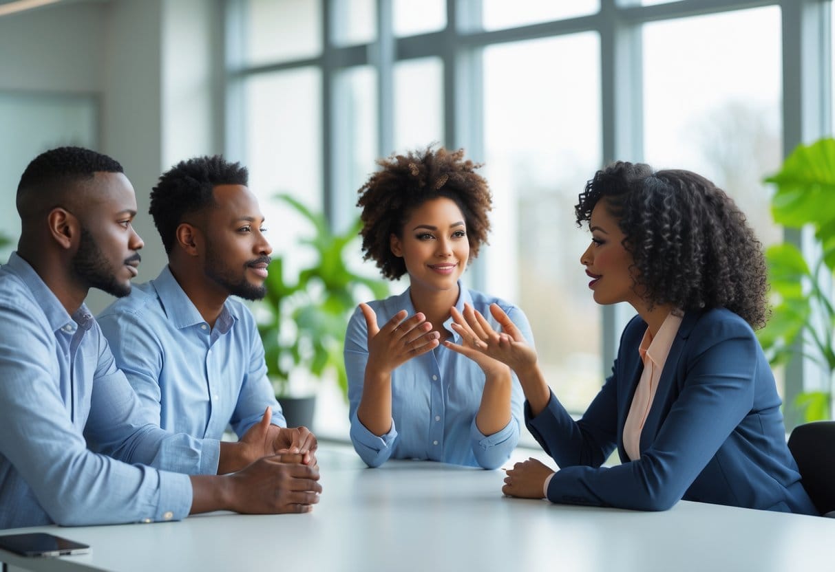 Three people having a calm and attentive conversation around an office table, showing empathy and connection.