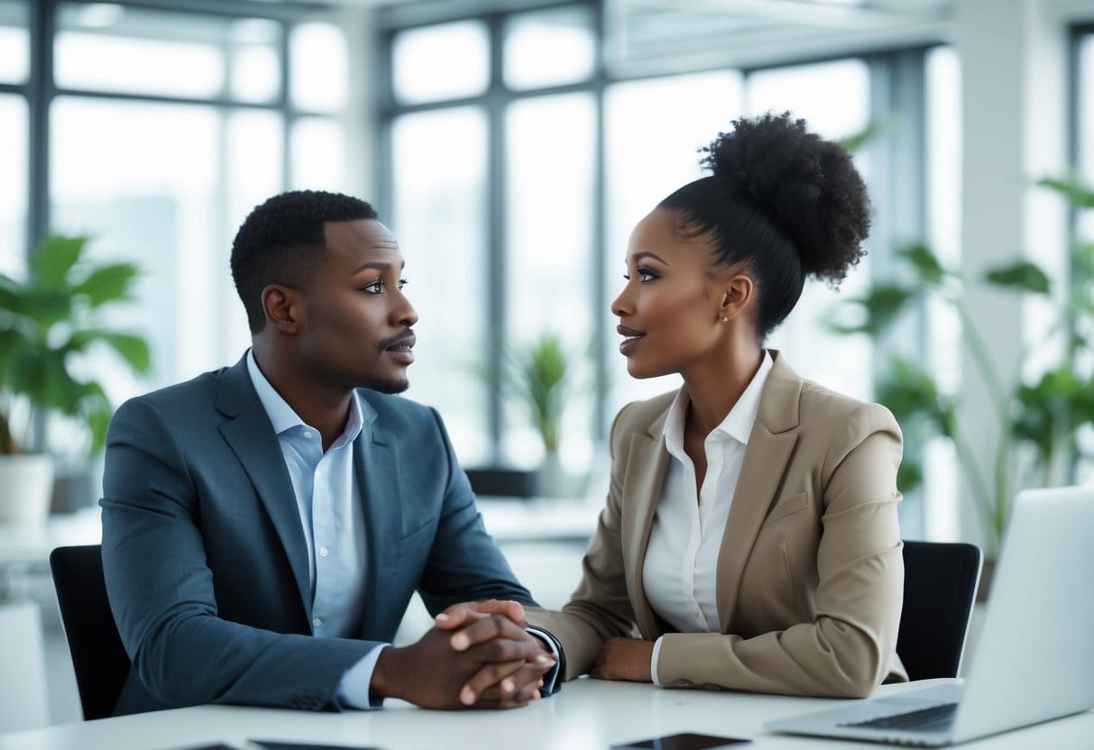 Two business professionals having a calm and respectful conversation in a modern office.