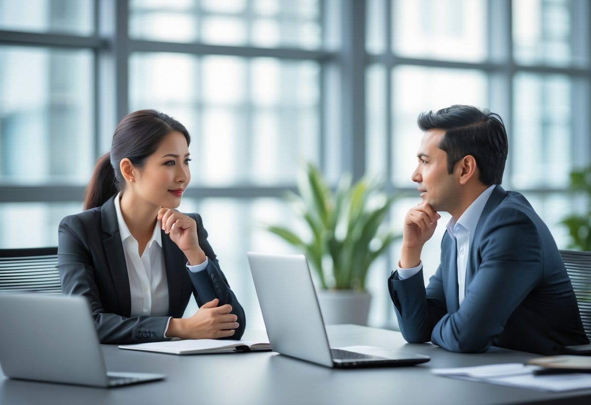 Two colleagues having a calm and respectful conversation in an office, one speaking compassionately while the other listens attentively.