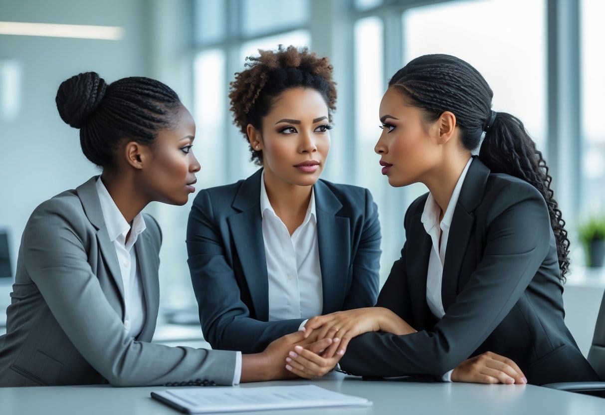 Two business professionals having a calm and supportive conversation in an office.
