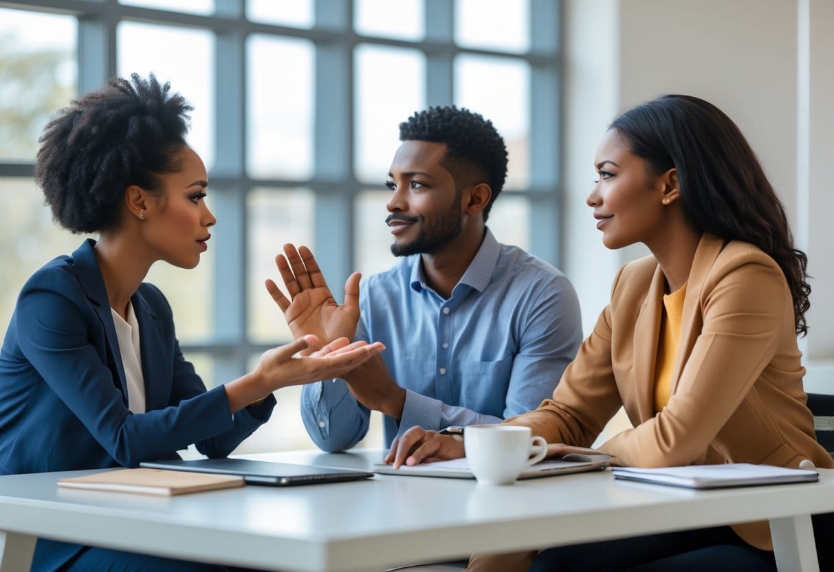Three people having a calm and respectful conversation in an office, showing attentive and empathetic body language.