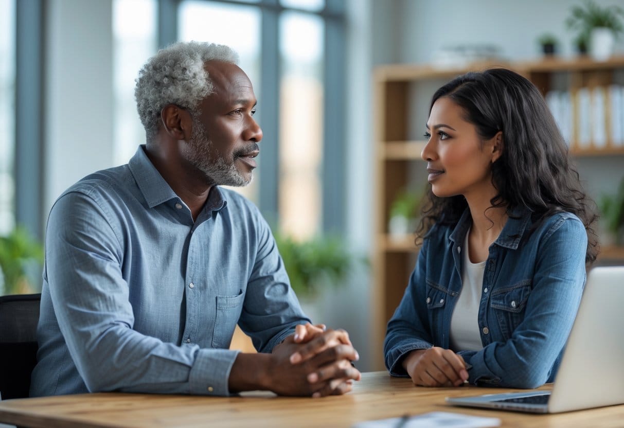 Two adults having a calm and respectful conversation in an office setting.