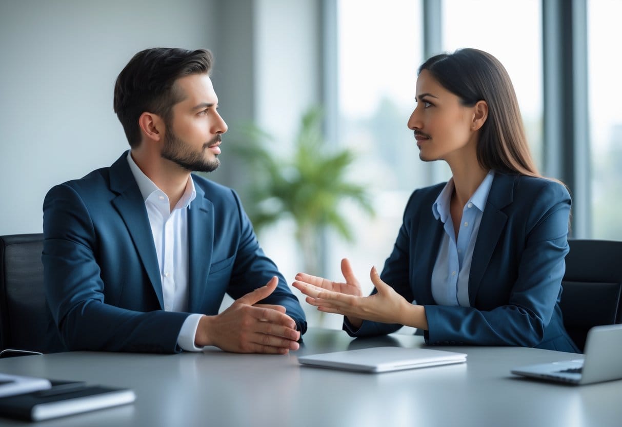 Two business professionals having a calm and respectful conversation in an office.