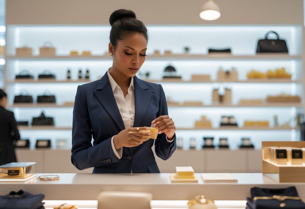 A person thoughtfully examining a product in a modern store, surrounded by neatly arranged shelves.