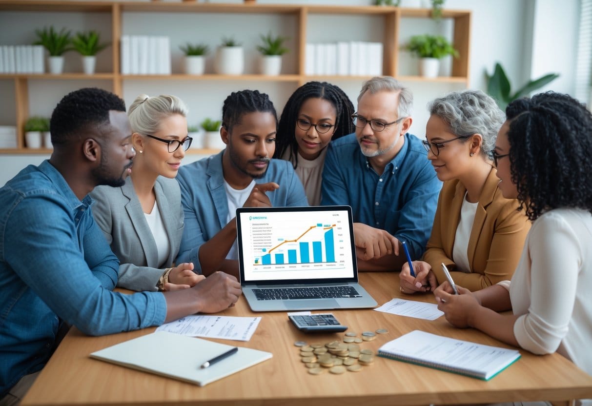 A group of adults sitting around a table discussing finances with a laptop, notebook, calculator, and money on the table.