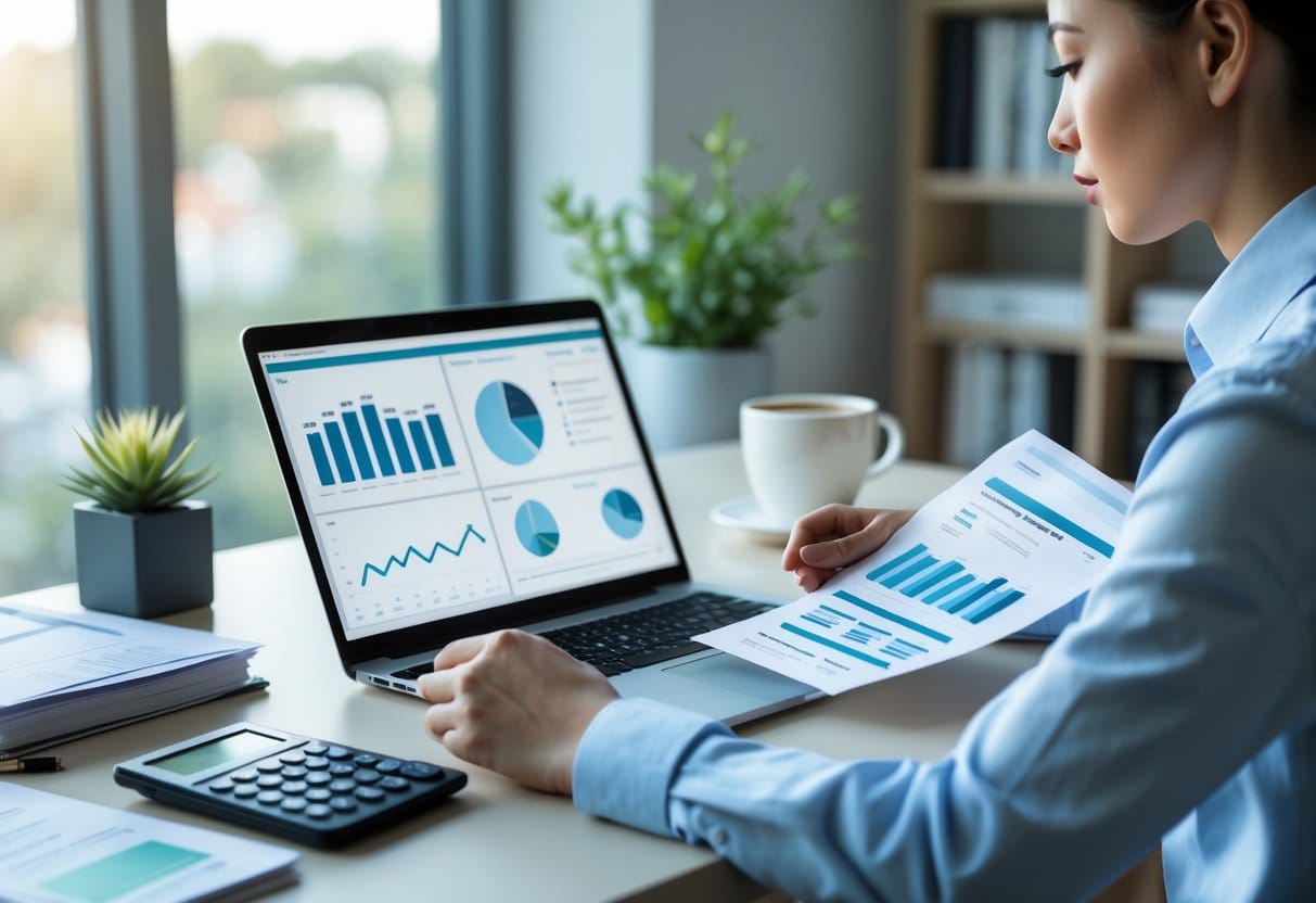 A person reviewing financial documents and a laptop with charts on a tidy desk in a bright workspace.