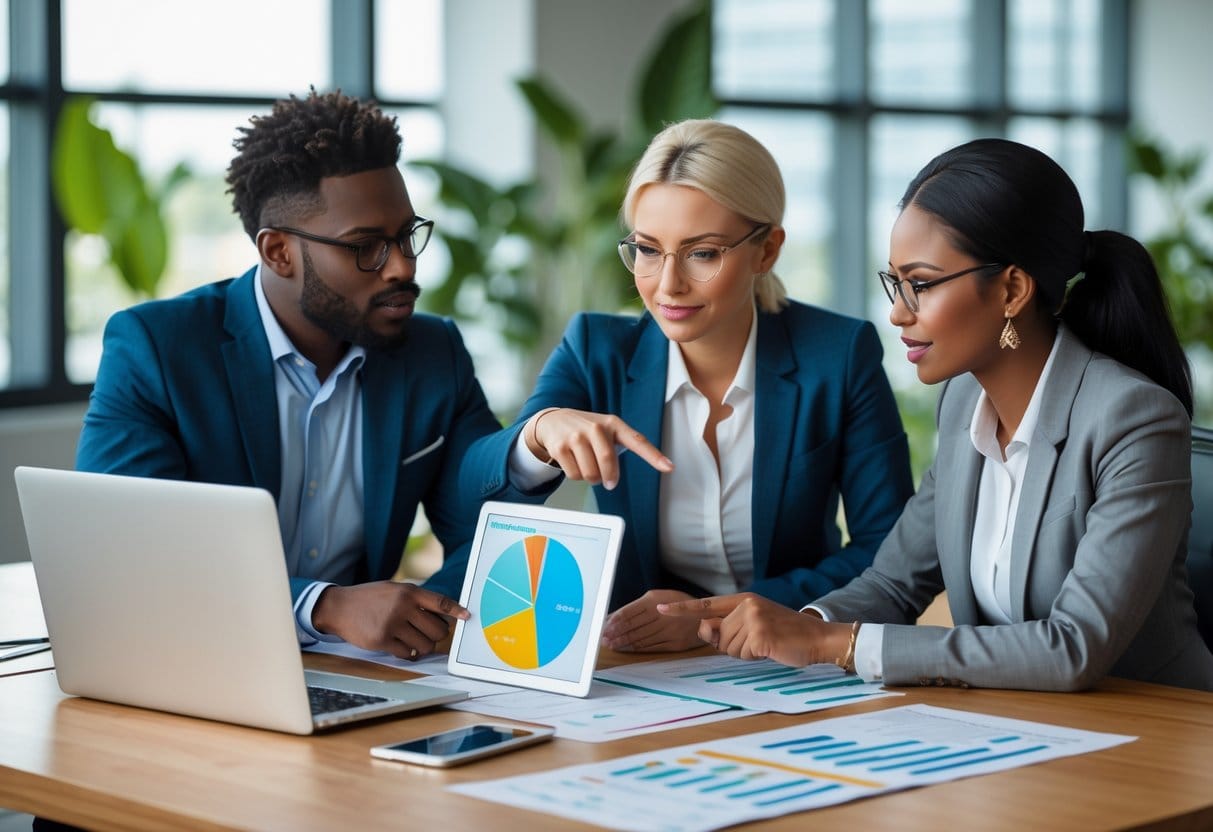 Three professionals in an office discussing financial charts and documents around a table.