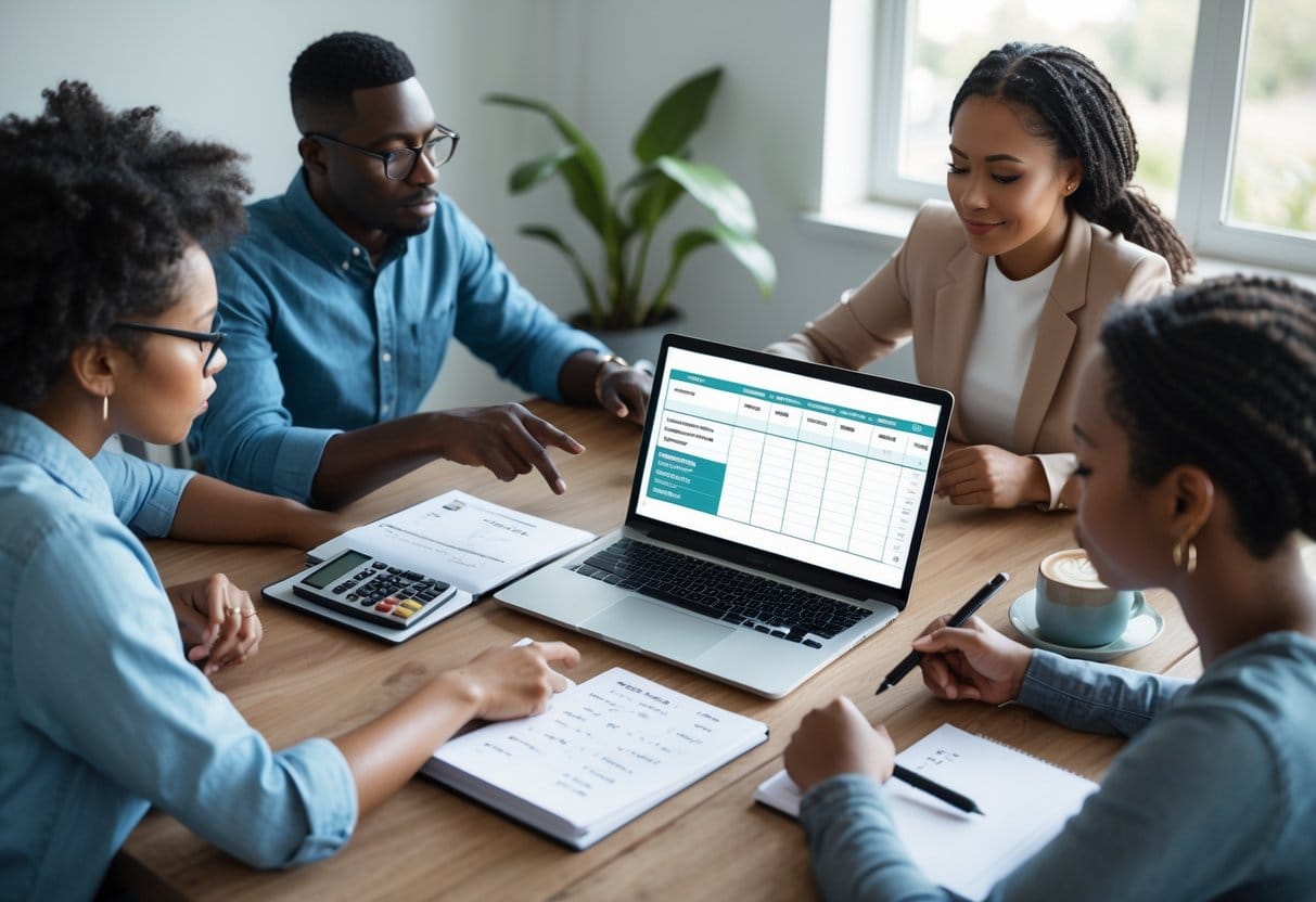 People collaborating at a table with a laptop, notebook, and calculator, planning their budget thoughtfully.