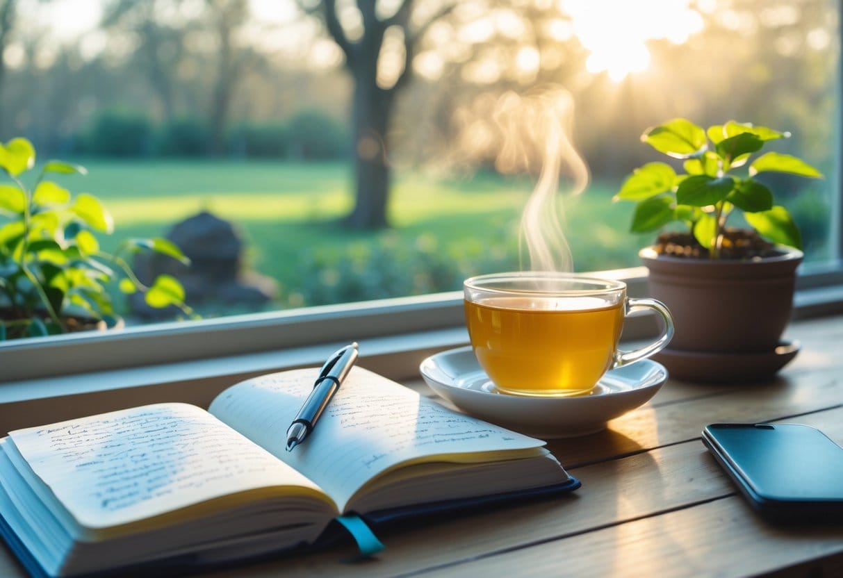 A bright workspace with an open journal, a pen, a cup of tea, and a small plant on a wooden table near a window showing a garden outside.