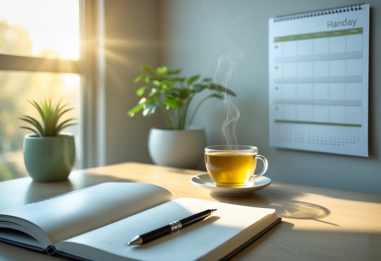 A bright workspace with an open notebook, pen, cup of tea, and a small plant near a window.