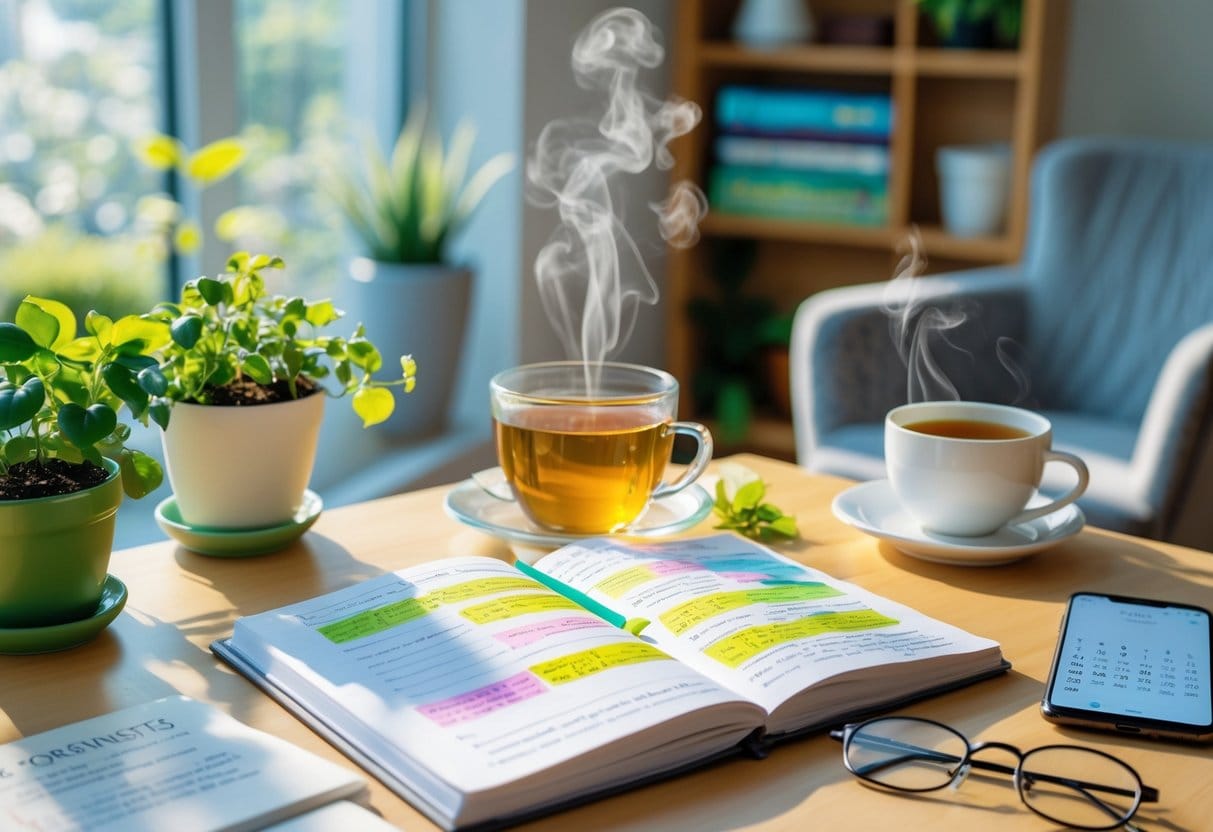 A bright workspace with an open journal, a cup of tea, glasses, and plants on a wooden desk near a window.