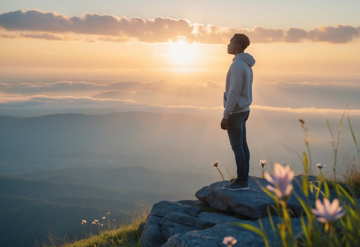 A person standing on a hilltop at sunrise, looking thoughtfully toward the horizon with flowers and grass around them.