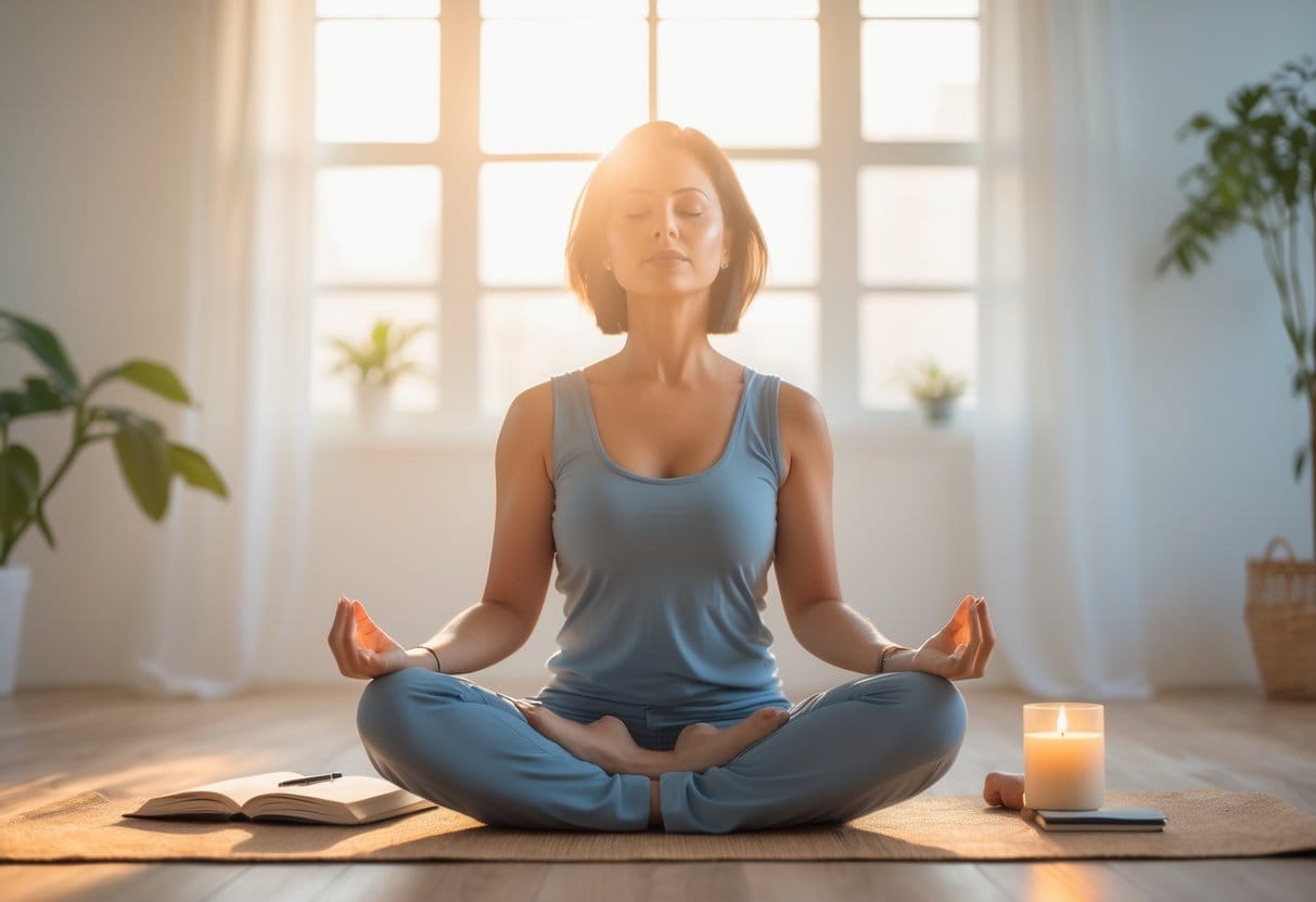A woman meditating peacefully in a bright room with natural sunlight, surrounded by a plant, a journal, and a candle.