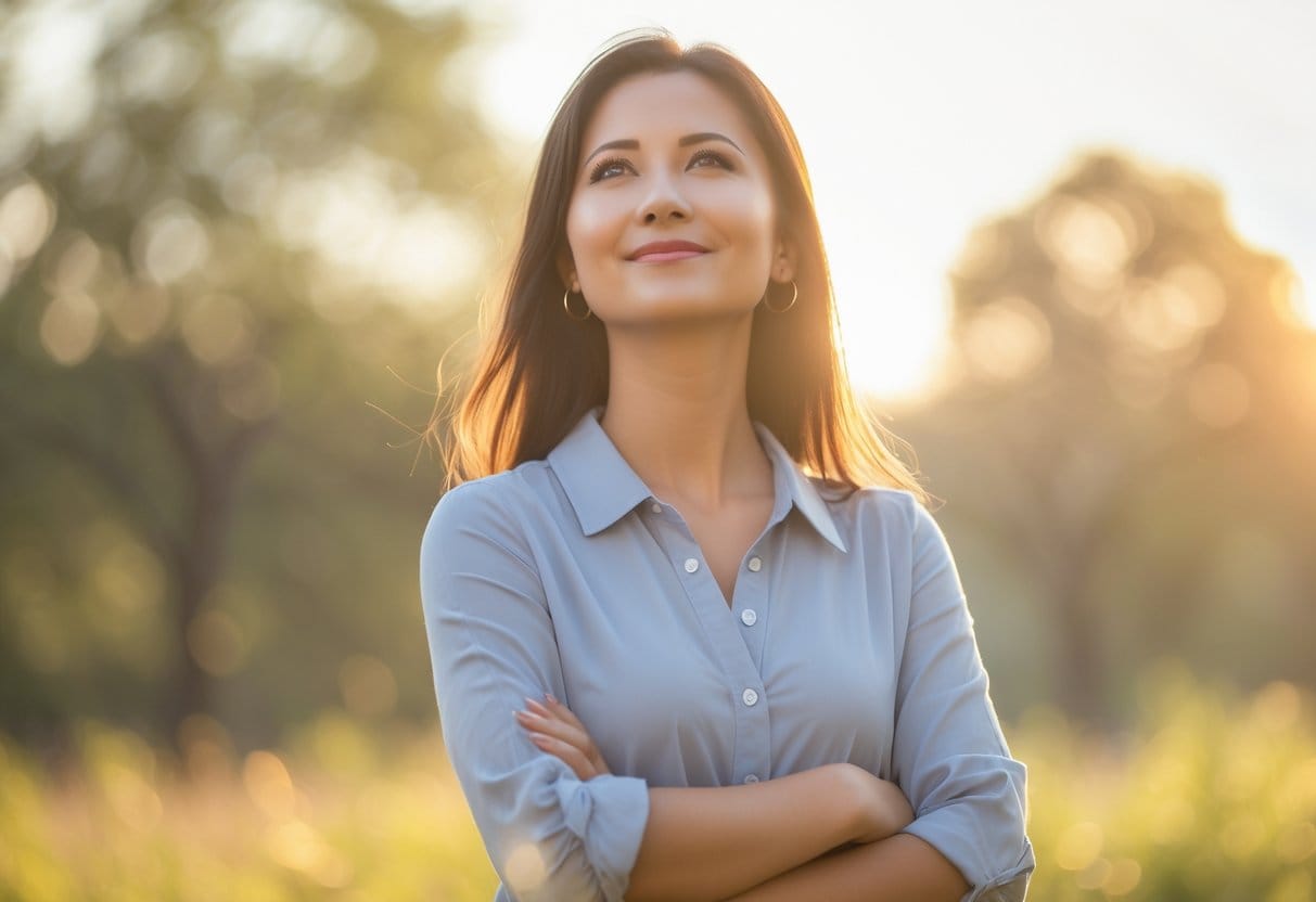 A young woman standing outdoors, smiling confidently with trees and clear sky in the background.