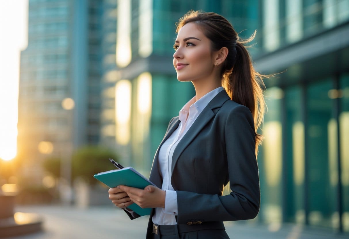 A confident young woman standing outdoors in a city, holding a notebook and looking thoughtfully into the distance.