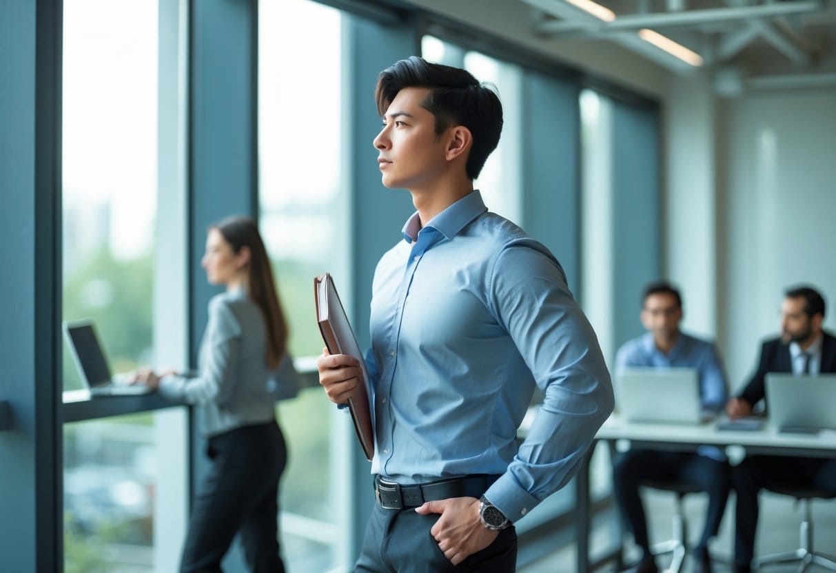 A confident young adult standing in an office, looking out a window with colleagues working in the background.
