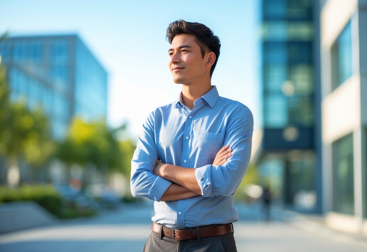 A confident young adult standing outdoors in a city environment, looking thoughtfully ahead with an assertive posture.