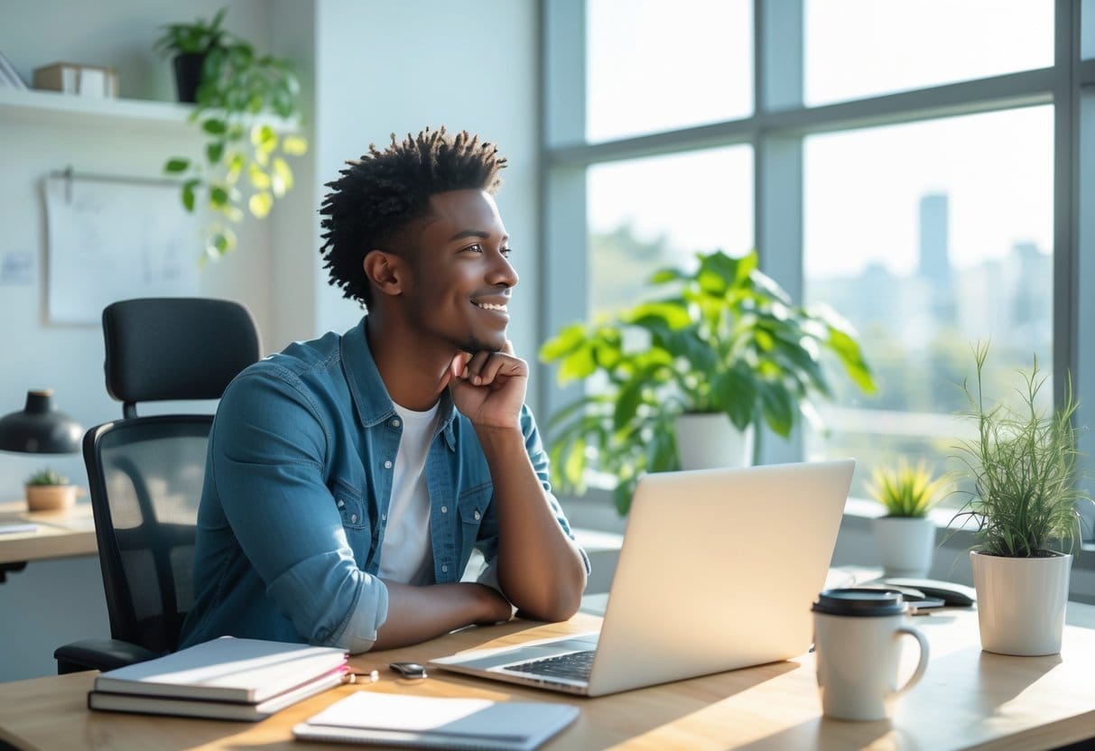 A confident young adult sitting at a desk in a bright office, looking thoughtfully out a window with a laptop and notebooks nearby.