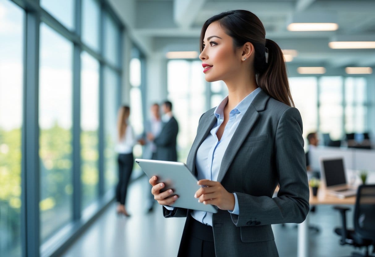 A confident young businesswoman holding a tablet and looking out of a large office window with colleagues working in the background.
