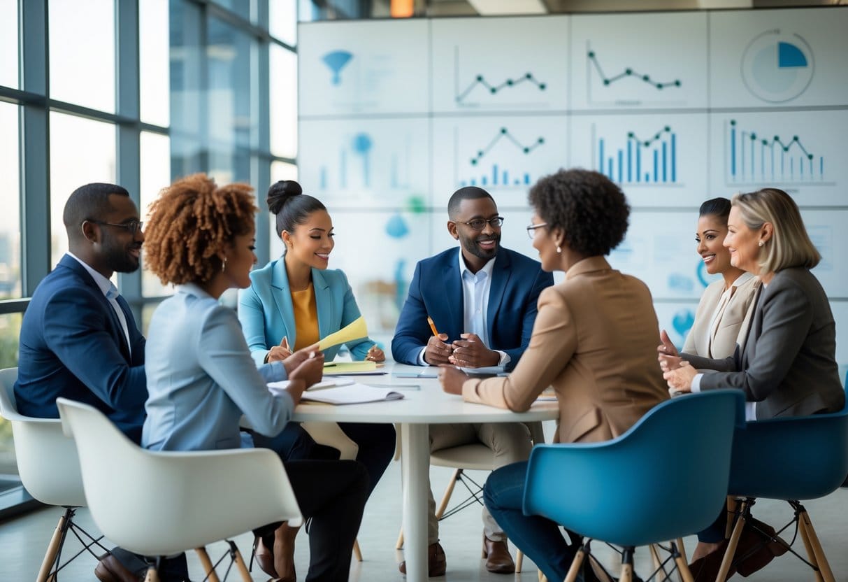 A diverse group of adults collaborating around a table in a bright office, engaged in discussion and sharing ideas.