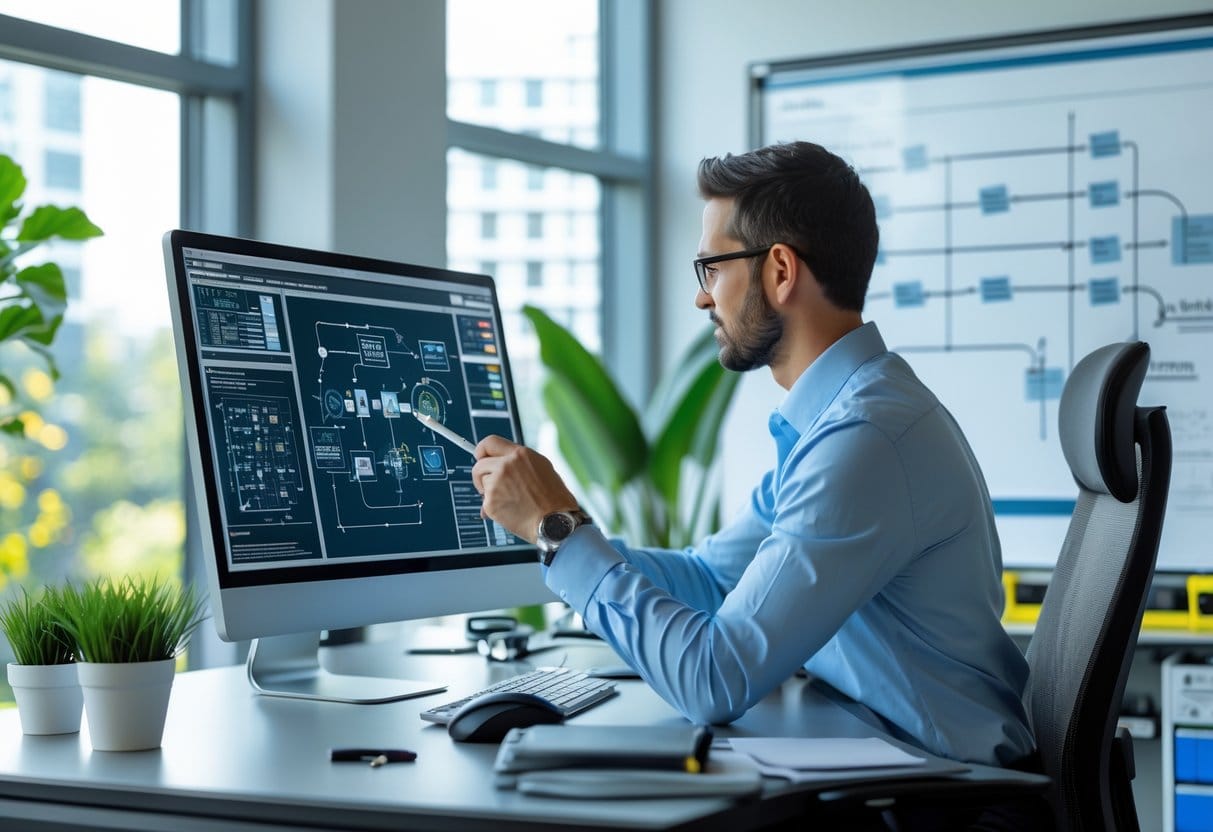 An engineer working at a bright, organized desk with a large monitor showing engineering diagrams, surrounded by natural light, plants, and tools.