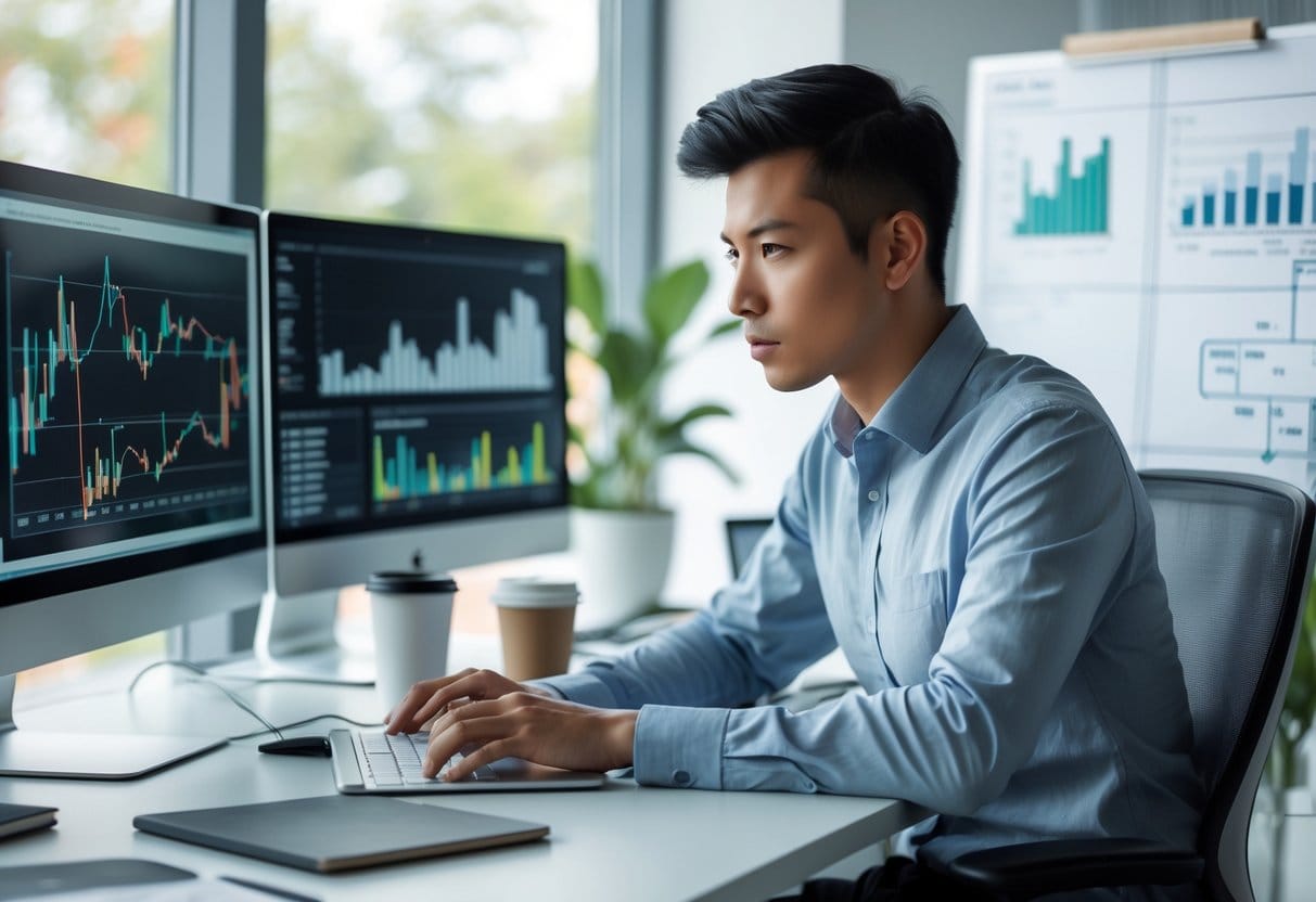 A focused young adult working at a desk with multiple monitors showing data, in a bright office with natural light and organized workspace.
