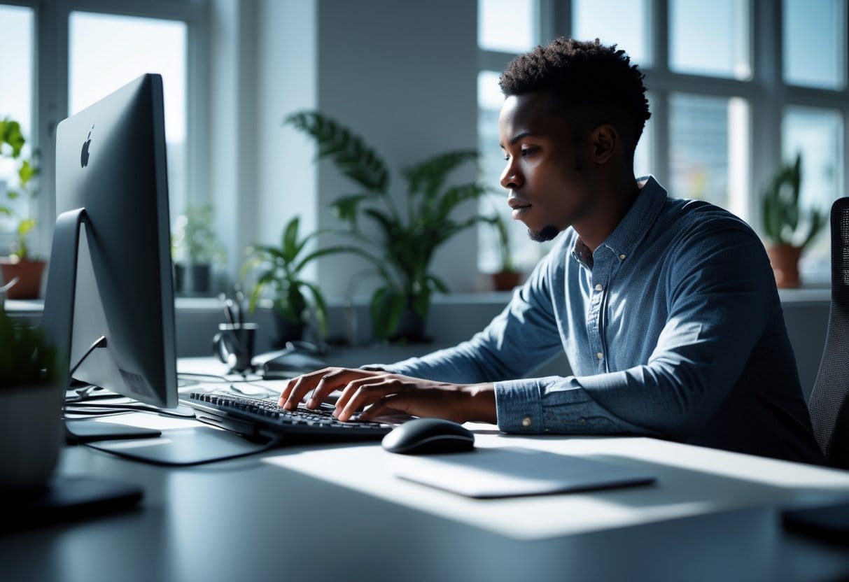 A person working intently at a desk in a bright, organized office space designed for focus and productivity.