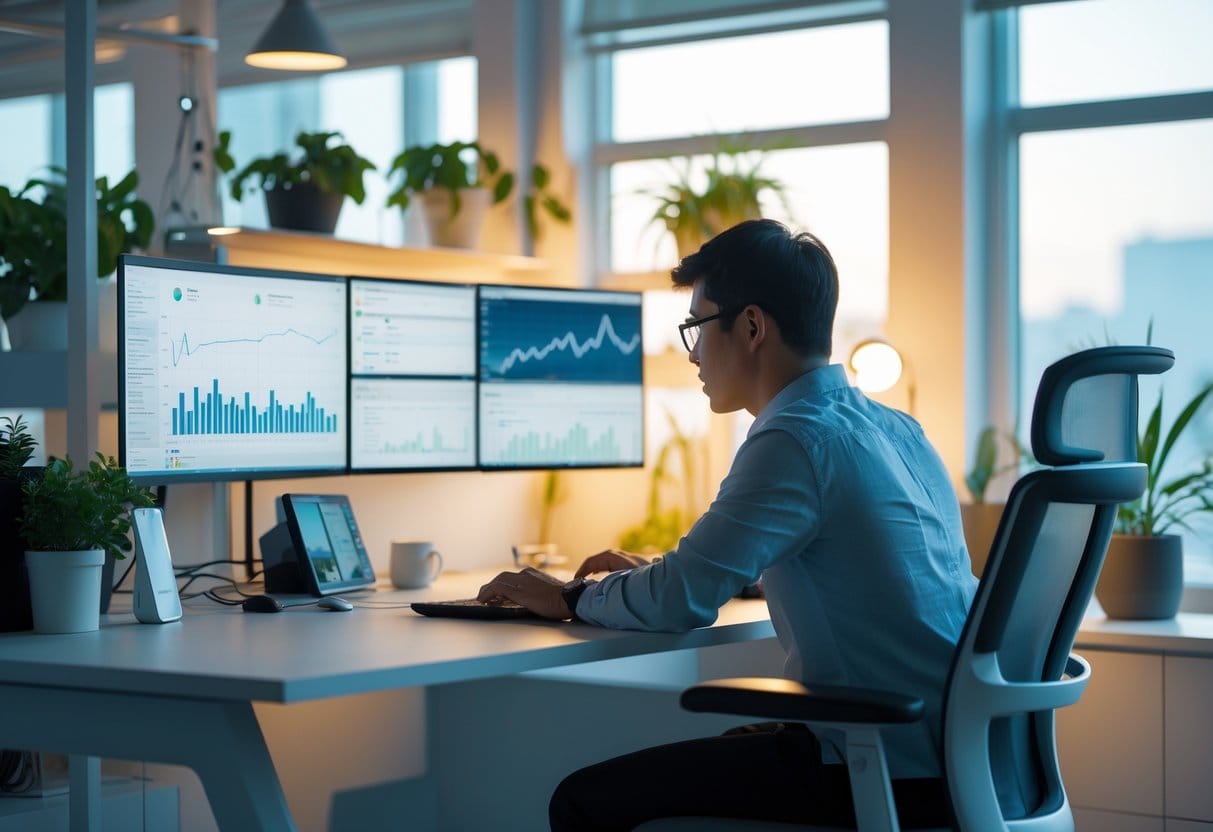 A person working focused at a modern desk with multiple screens in a bright, organized workspace.