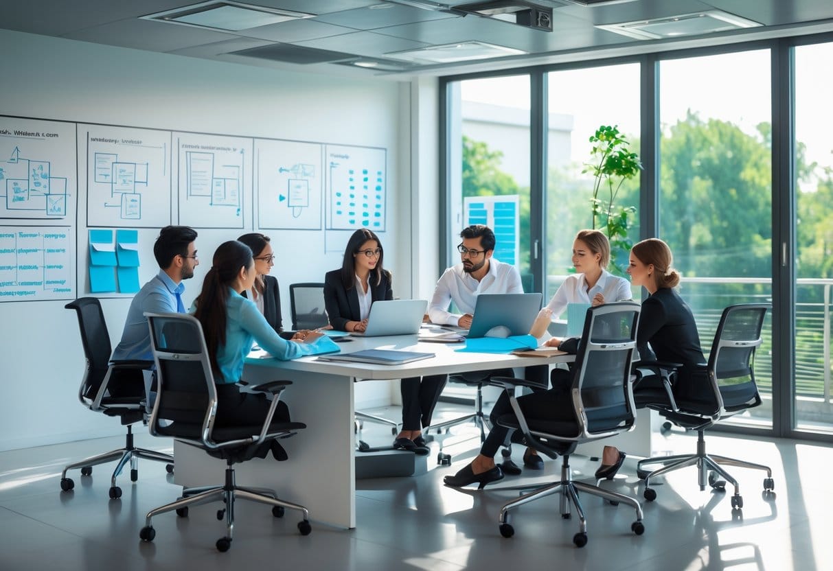 A group of professionals working together around a conference table in a bright office with large windows and plants outside.