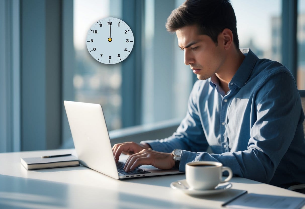 Person working intently at a desk with a laptop and timer in a bright office space.