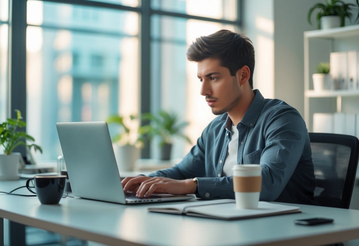 A person working focused at a desk with a laptop and notebook in a bright, organized office space.