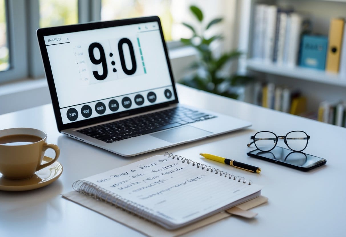 A bright workspace with a laptop showing a 90-minute timer, a notebook with notes, a smartphone, a cup of coffee, and a plant on the desk.