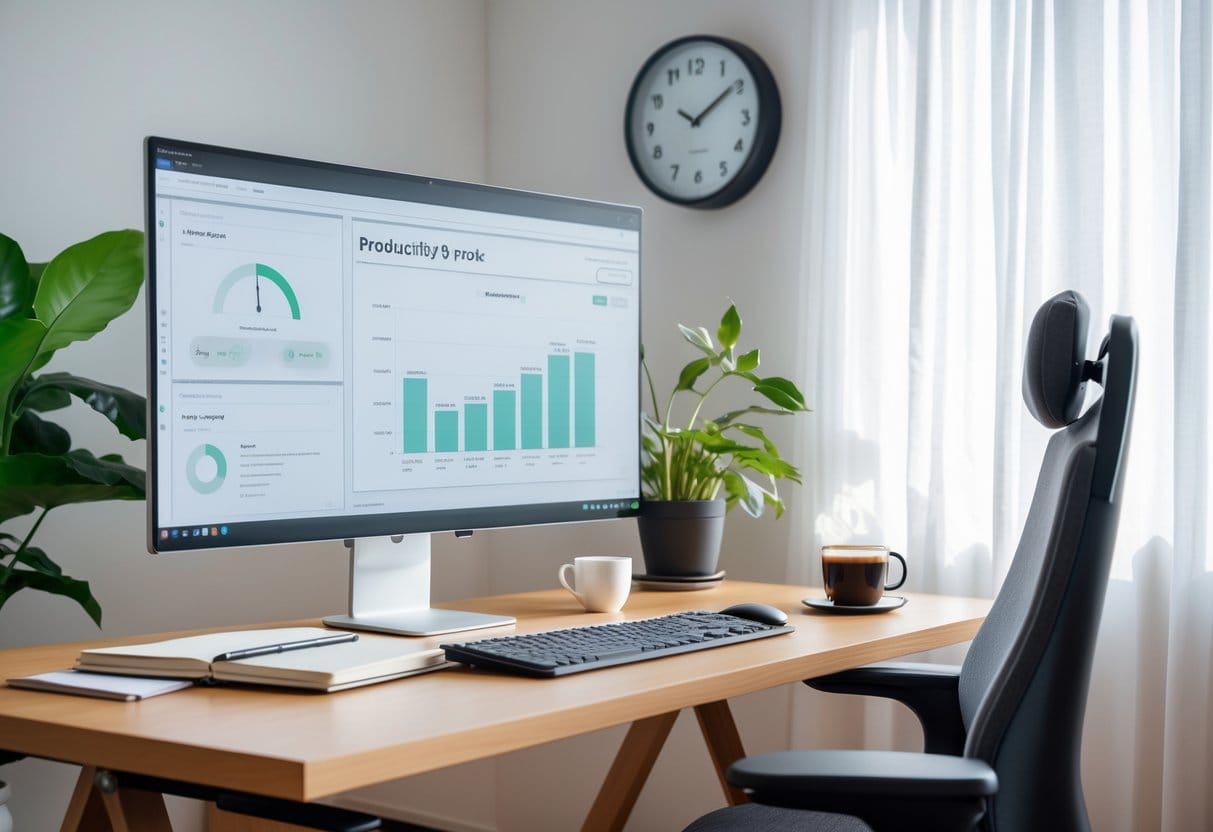 A tidy home office desk with a computer, notebook, coffee cup, and plant, bathed in natural light from a nearby window.