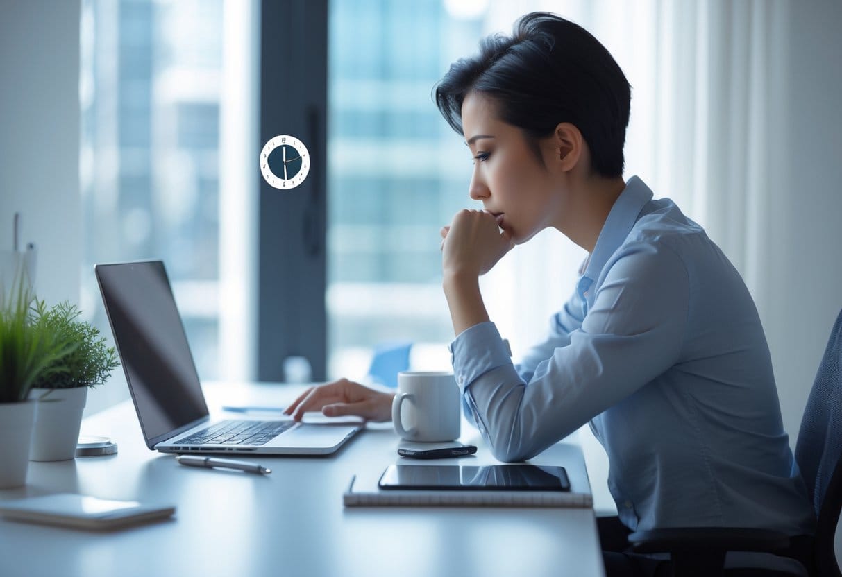 Person working focused at a clean desk with a laptop, tablet, and notebook in a bright, organized workspace.