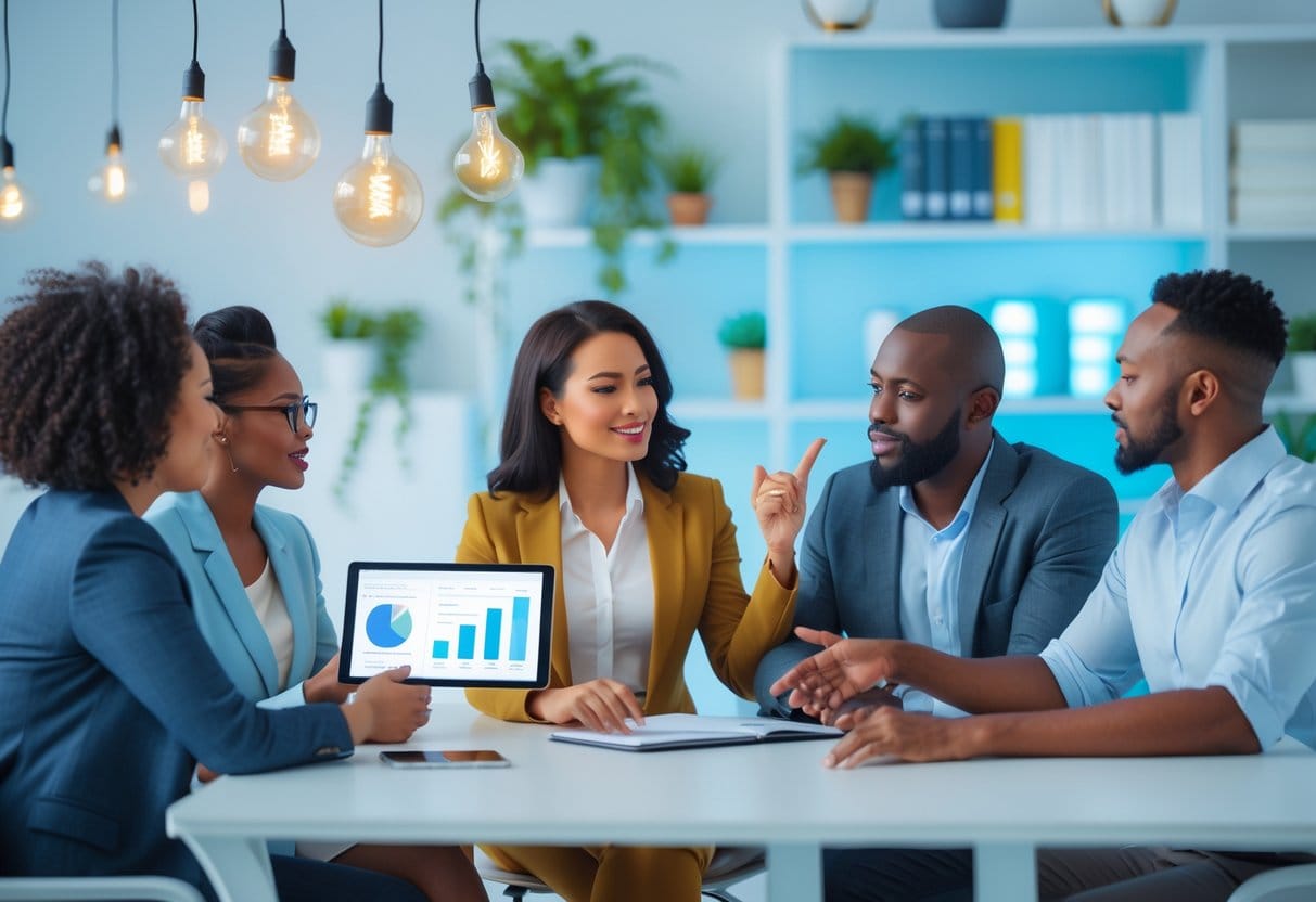 A group of adults discussing finances in a modern office, with one woman holding a tablet showing charts and a man gesturing thoughtfully.