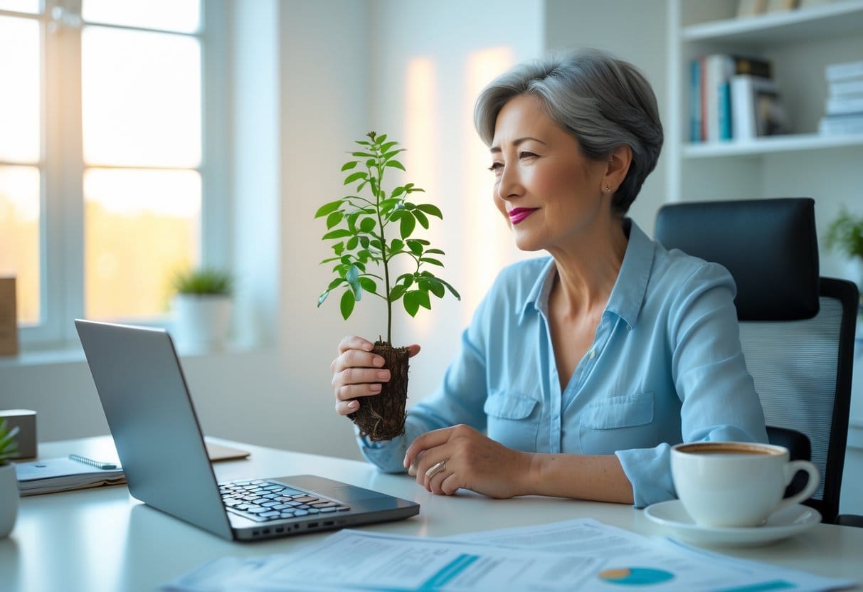 A person sitting at a desk with financial documents and a small plant, looking thoughtful and calm in a bright home office.