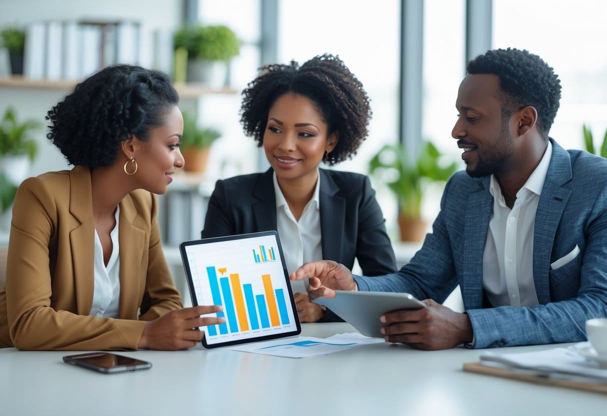 Three adults having a thoughtful discussion about finances in a bright office with natural light.