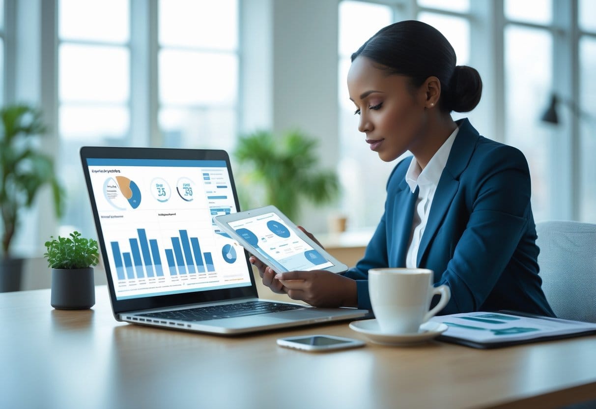 A businessperson thoughtfully reviewing financial documents at a desk in a bright office.