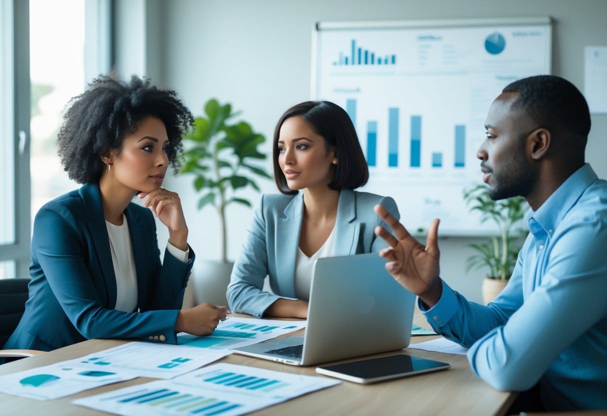 Three adults sitting around a table with financial documents and a laptop, engaged in a thoughtful discussion about money management.